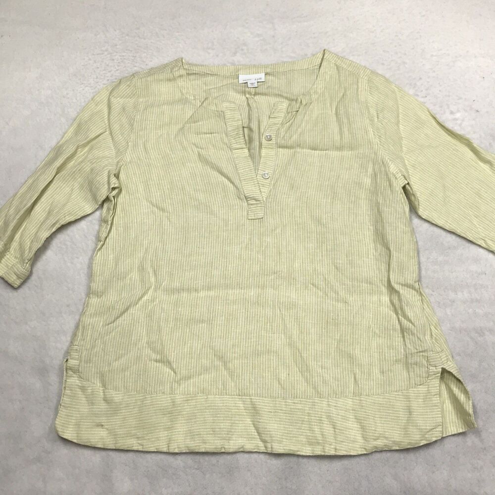 J JILL Love Linen Tunic Top Women S/P Pale Yellow  Boxy 3/4 Sleeve 100% Linen